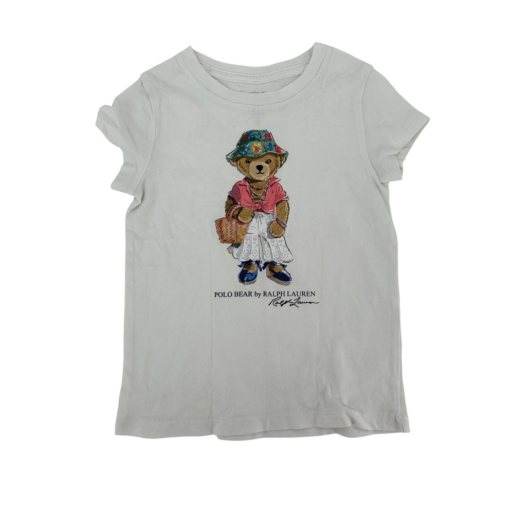 Polo Ralph Lauren T-Shirt Girls 3T White Polo Bear Graphic Bucket Hat Tee